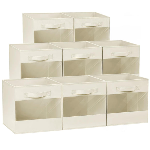 DIMJ Cube Organizer Bins, Transparent Storage Cubes, 11 Inch Cube Storage Bins, Storage Bins with Handles, Closet Bins for Bedroom, Living Room, Baby's Room, Dormitory (8 Pack, Beige)