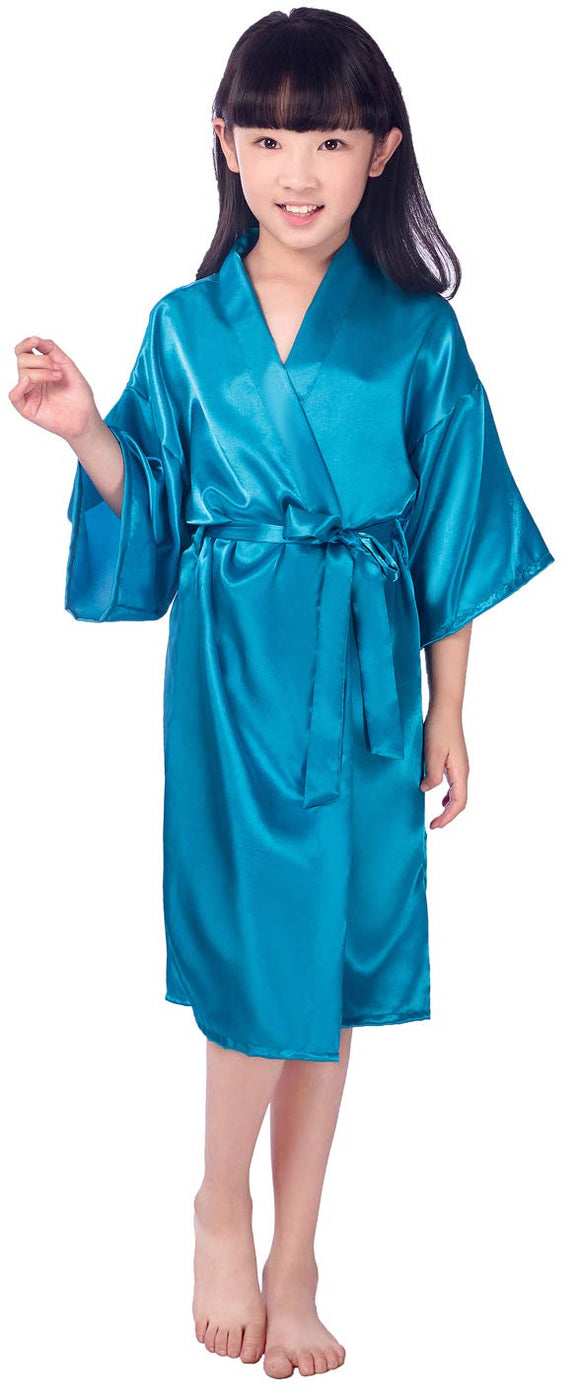 EQIQU Kids Girl's Silky Satin Kimono Robe for Spa Wedding Birthday Party Child Children's Gifts Peacock Blue 10