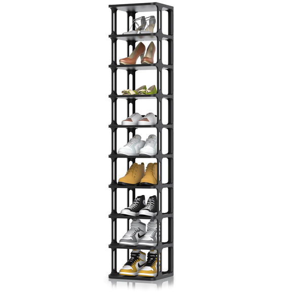 ZOINLIY 10 Tiers Shoe Rack for Closet Entryway, Narrow Vertical Shoe Organizer for Small Spaces, Stackable Black Shoe Storage Holder, Shoe Tower, 10.55