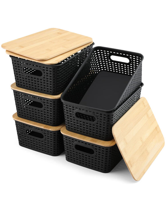 AREYZIN Storage Bins with Bamboo Lids Set of 6 Lidded Storage Container Plastic Baskets Organizer Bins for Organizing Kithen Room Bedroom Office Closet, Sturdy(Black)