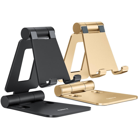 Nulaxy 2 Pack Dual Folding Cell Phone Stand, Fully Adjustable Foldable Desktop Phone Holder Cradle Dock Compatible with Phone 14 13 12 Pro Xs Xs Max Xr, All Phones, Black&Gold