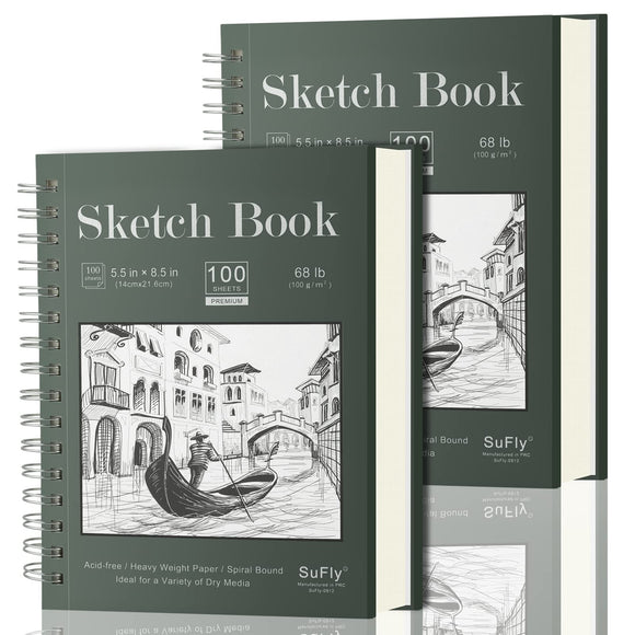 Sketch Book 5.5 X 8.5 - Spiral Sketchbook Pack of 2, SuFly 200 Sheets (68 lb/100gsm) Acid Free Sketch Pads for Drawing for Adults Spiral-Bound with Hard Cover for Kids, 100 Sheets Each