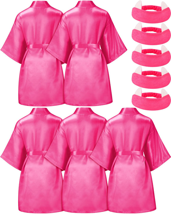 Jecery 5 Pack Kids Birthday Squad Girl Robes Silk Satin Spa Party Robes Flower Slumber Robes DIY Bathrobes with Headband for Party (Rose Red, 8)