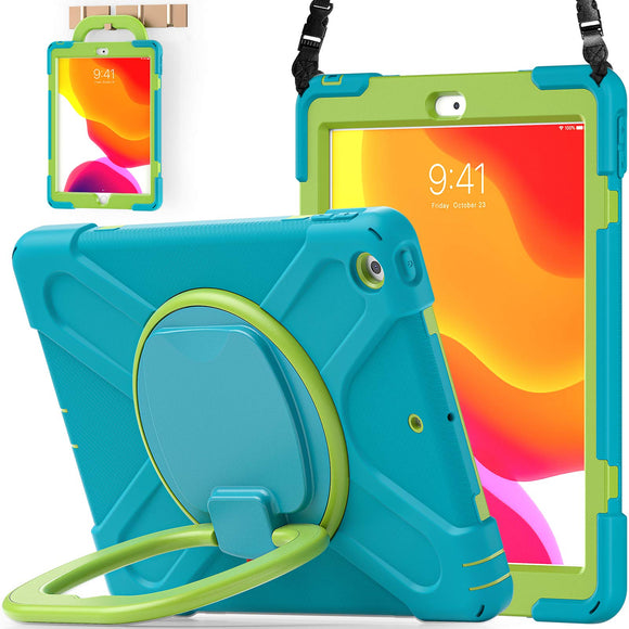 BATYUE iPad 9th/ 8th/ 7th Generation Case (iPad 10.2 inch Rugged Case 2021/2020/2019) with Screen Protector, Rotating Stand/Pencil Holder/Carrying Shoulder Strap (Light Blue+Lime)